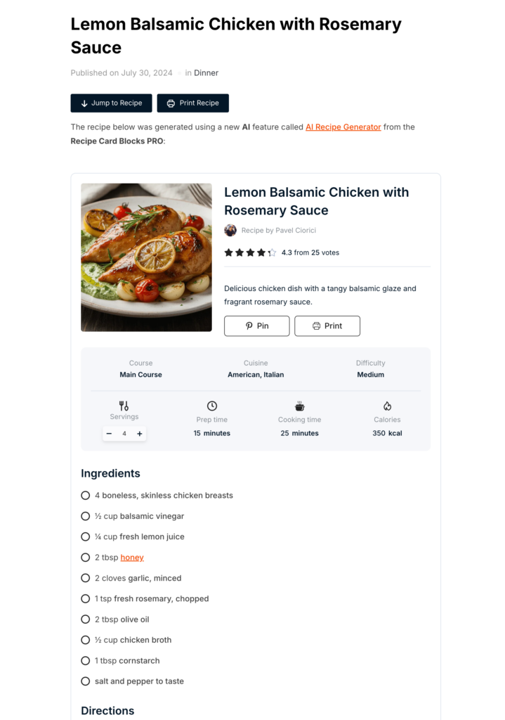 Recipe card in WPZOOM's food blog themes