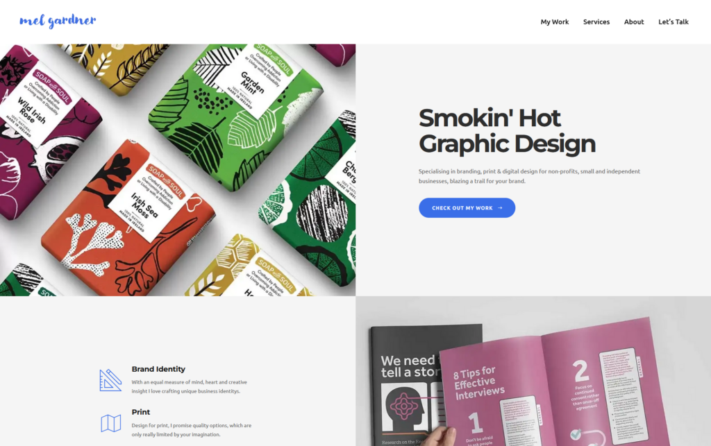10 Portfolio Website Examples in 2026 (Photography, Video, Wedding, more) 45 Mel Gardner freelance designer portfolio homepage