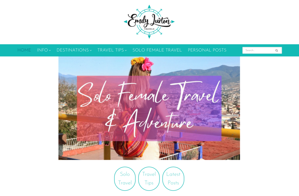 Solo female traveler Emily Luxton homepage and income streams