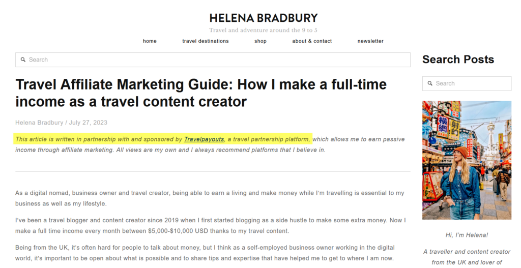 Helena Bradbury travel blogger's sponsored post