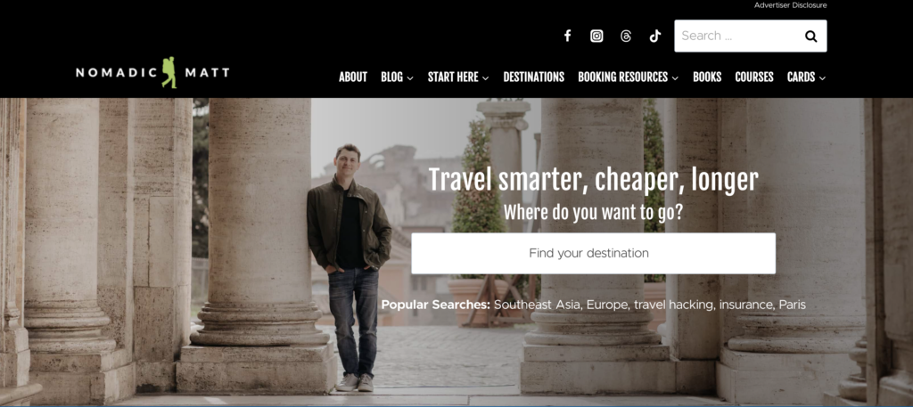 Travel blogger Nomadic Matt's homepage and income streams