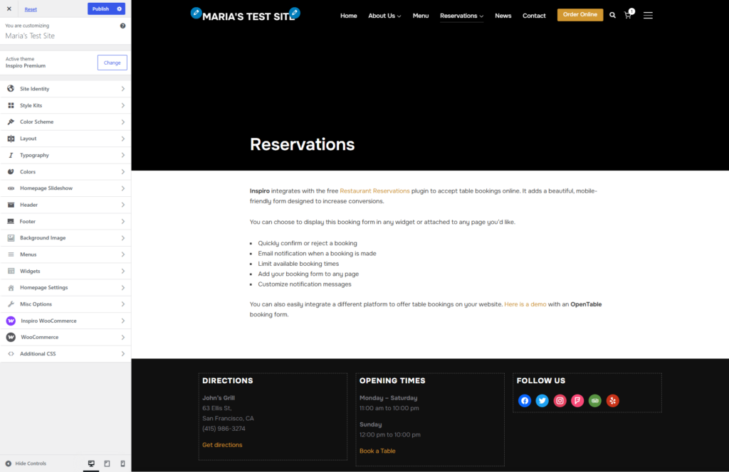 WordPress cafe website's footer