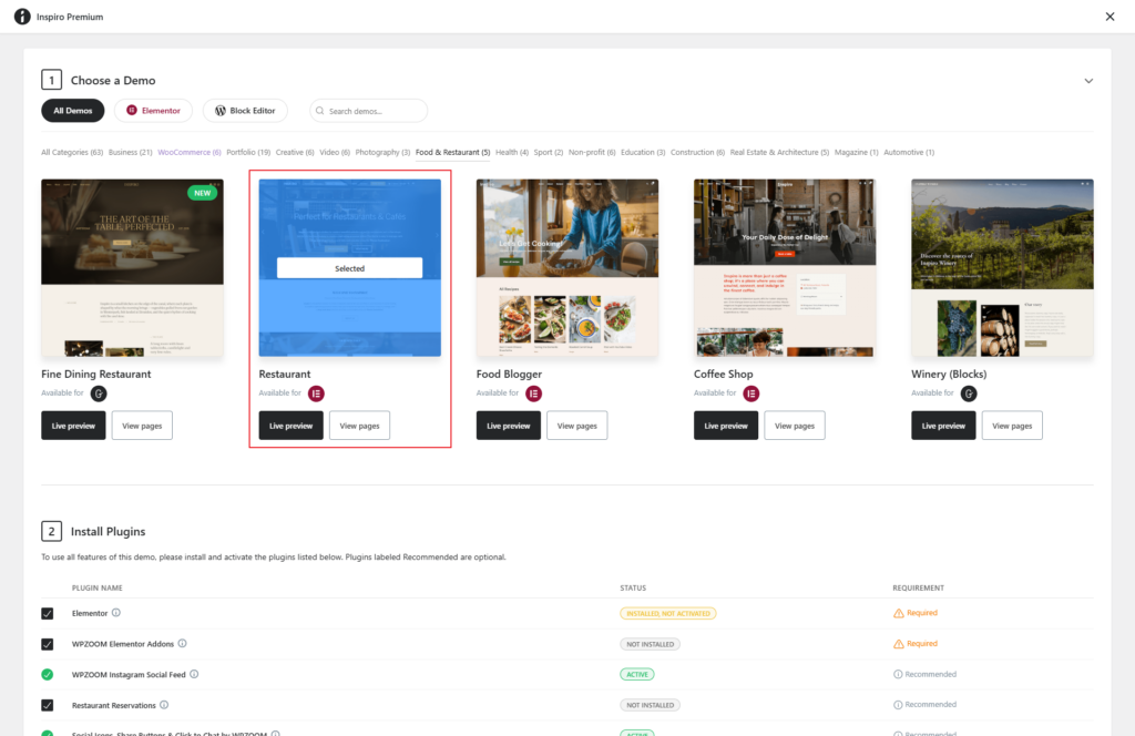 Restaurant/Cafe starter site in Inspiro