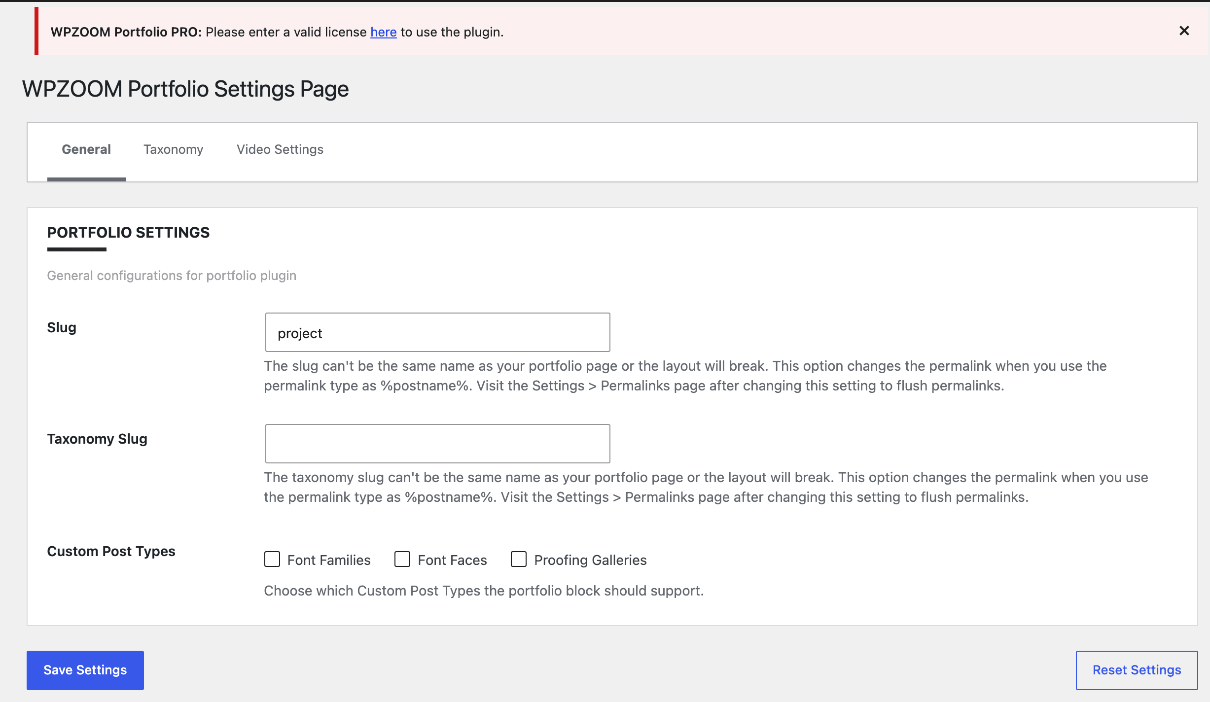 Settings page