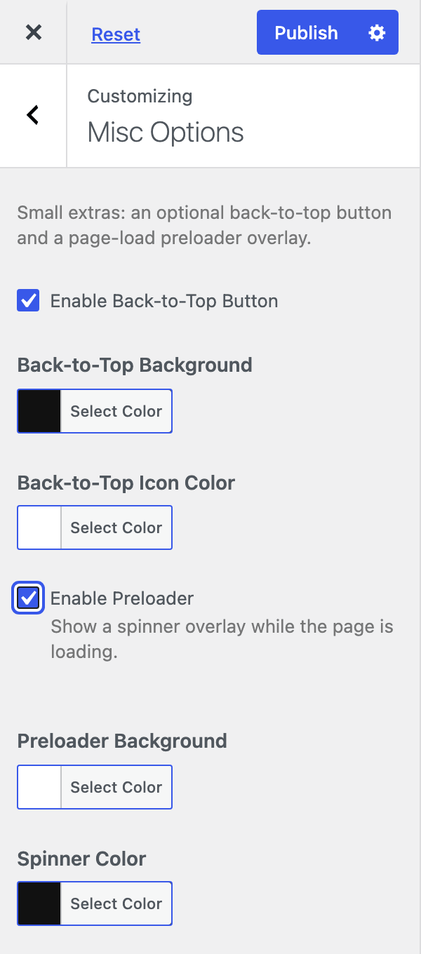 The Misc Options section in the Customizer