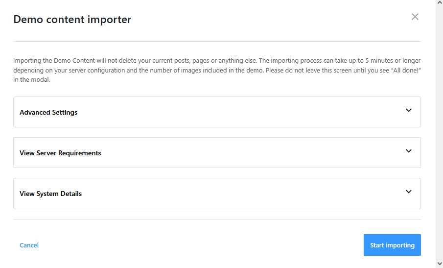 Demo content importer screen WordPress