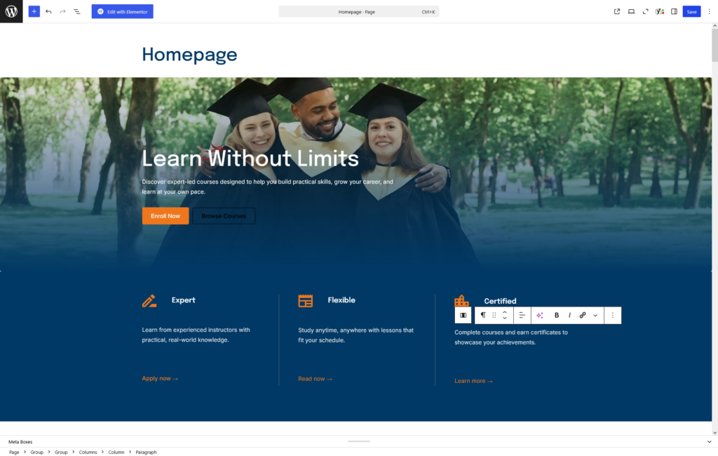 Homepage with custom copy