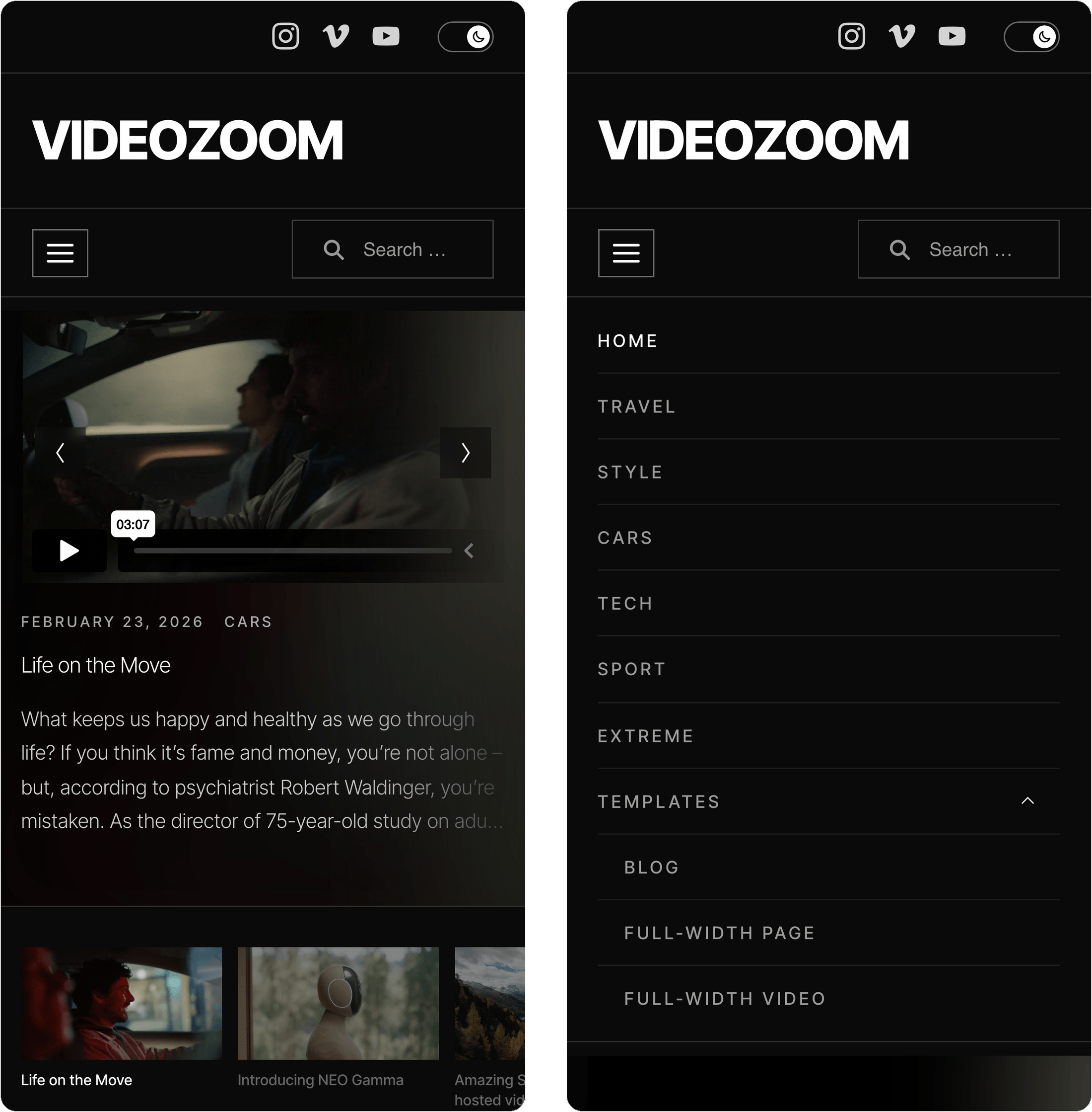 Videozoom WordPress video theme on mobile — homepage and menu
