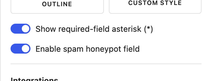 Honeypot toggle in Form Settings