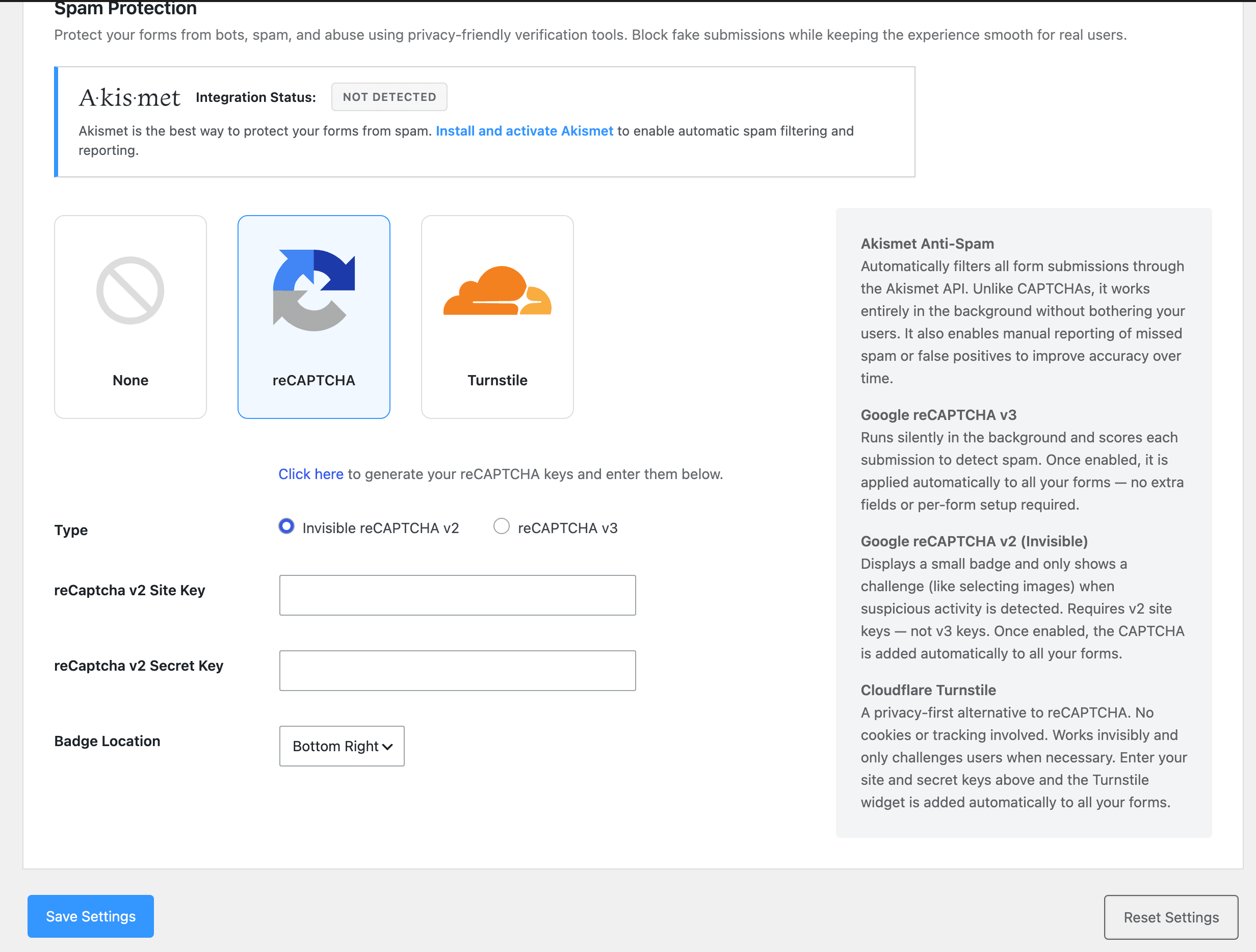 reCAPTCHA selected in Spam Protection