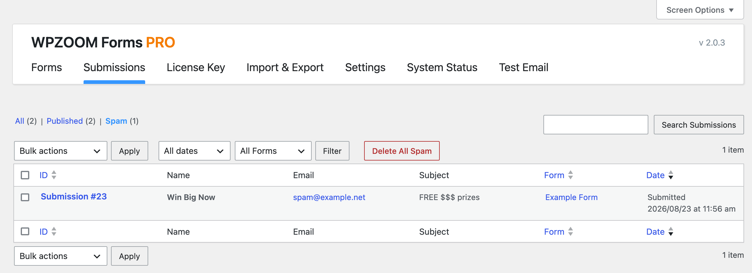Spam view with Delete All Spam