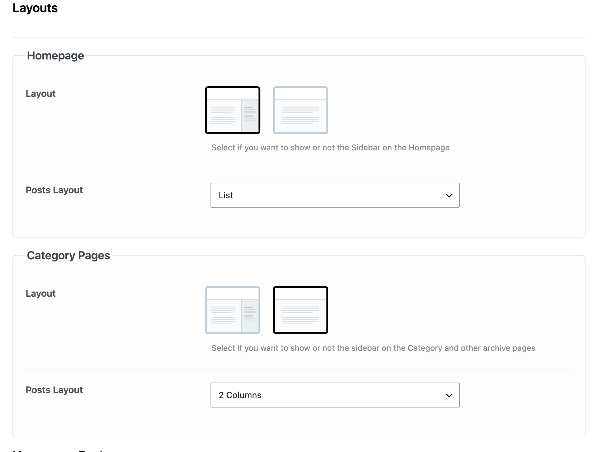 Layouts in Theme Options