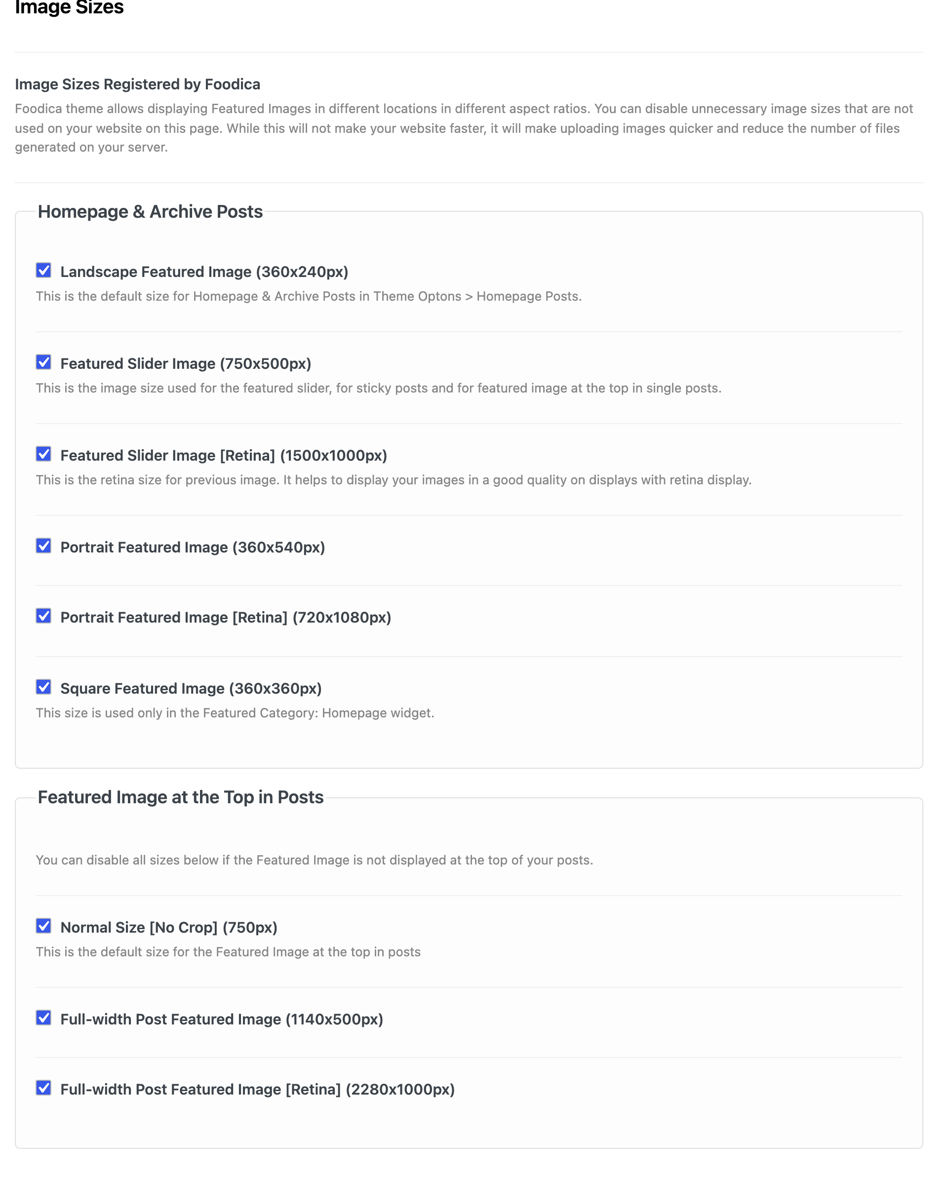 The Image Sizes panel in Theme Options → Optimization