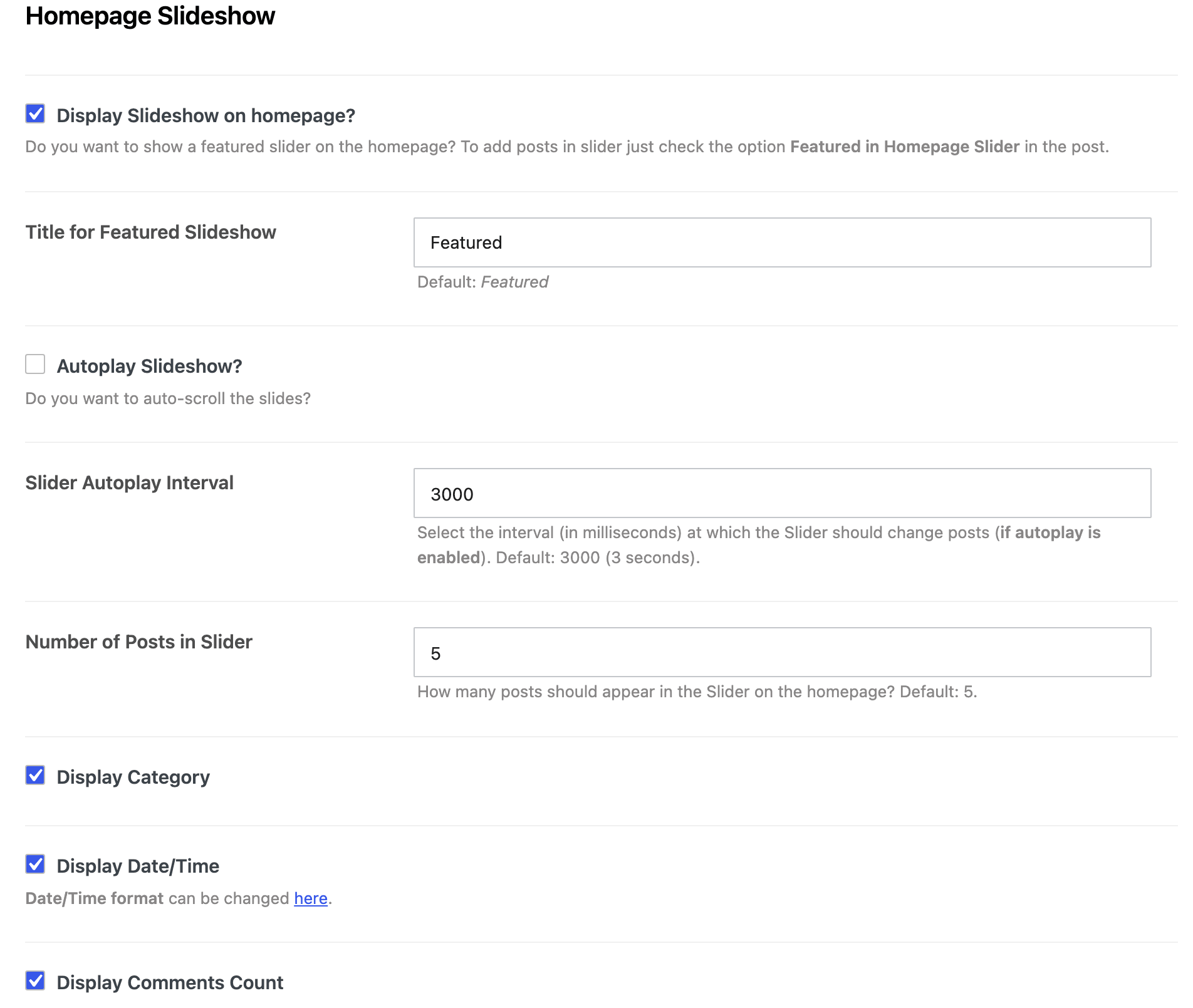 Homepage Slideshow settings