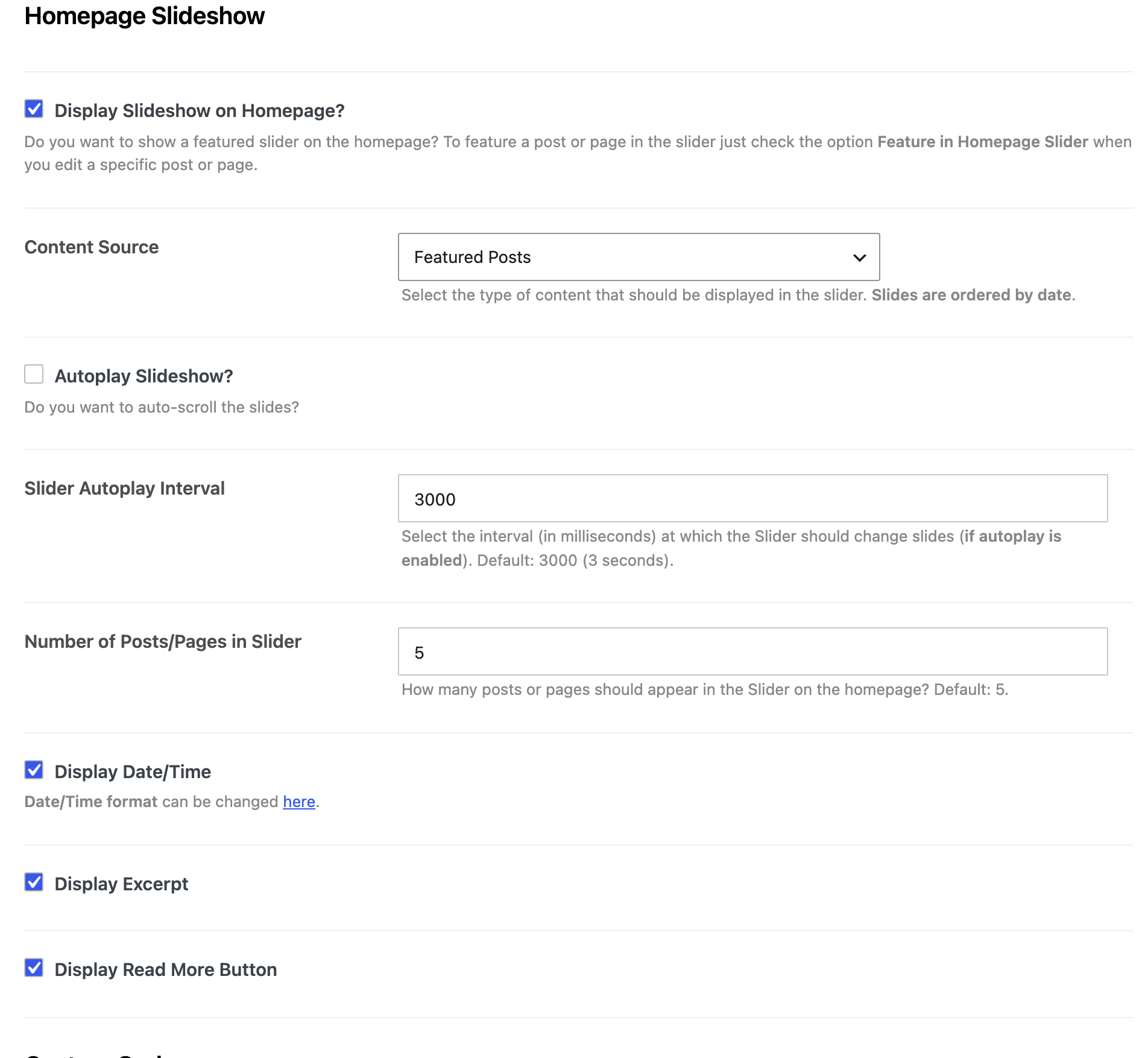 Homepage Slideshow settings in Theme Options