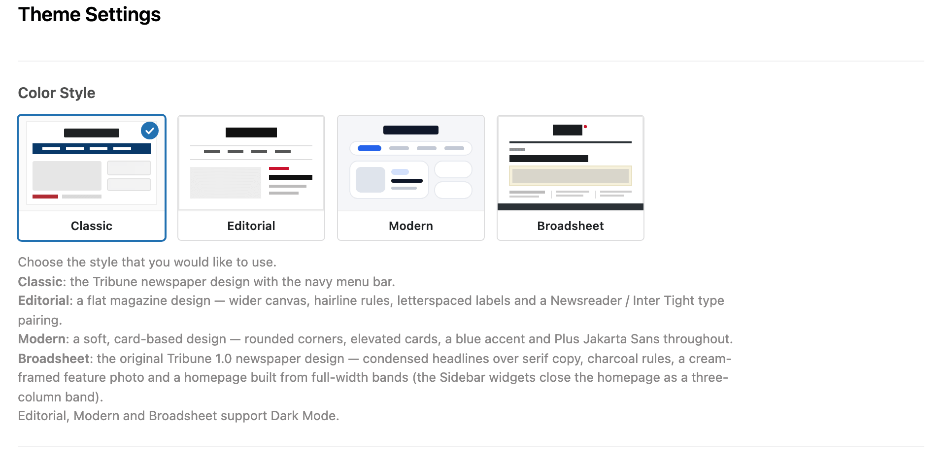 The Color Style selector in Theme Options