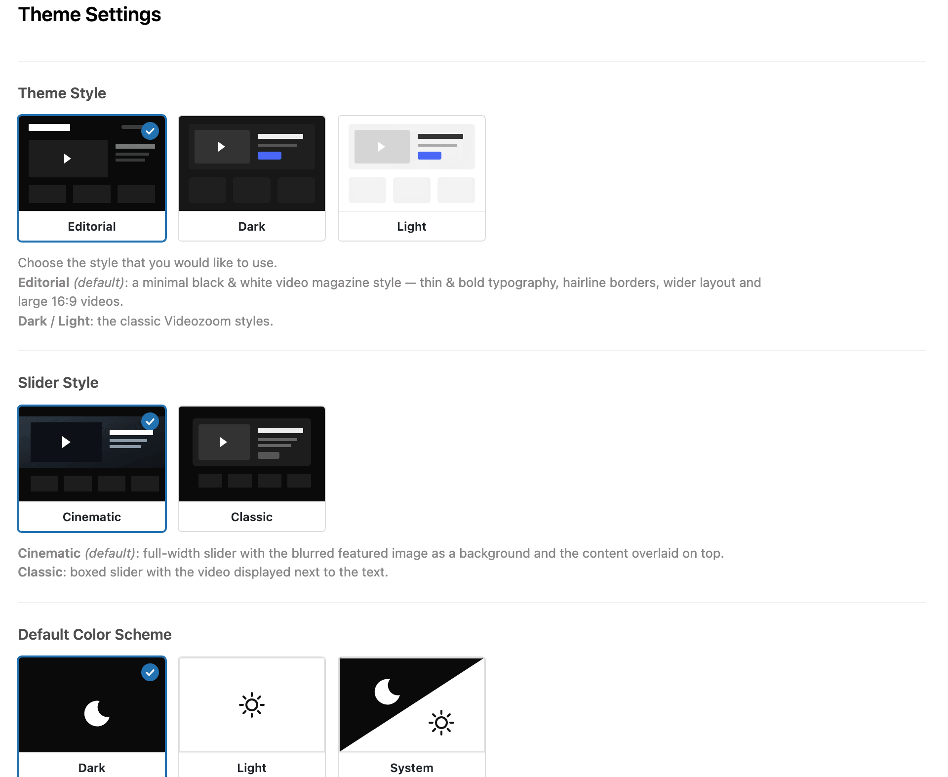 The new visual selectors in Theme Options