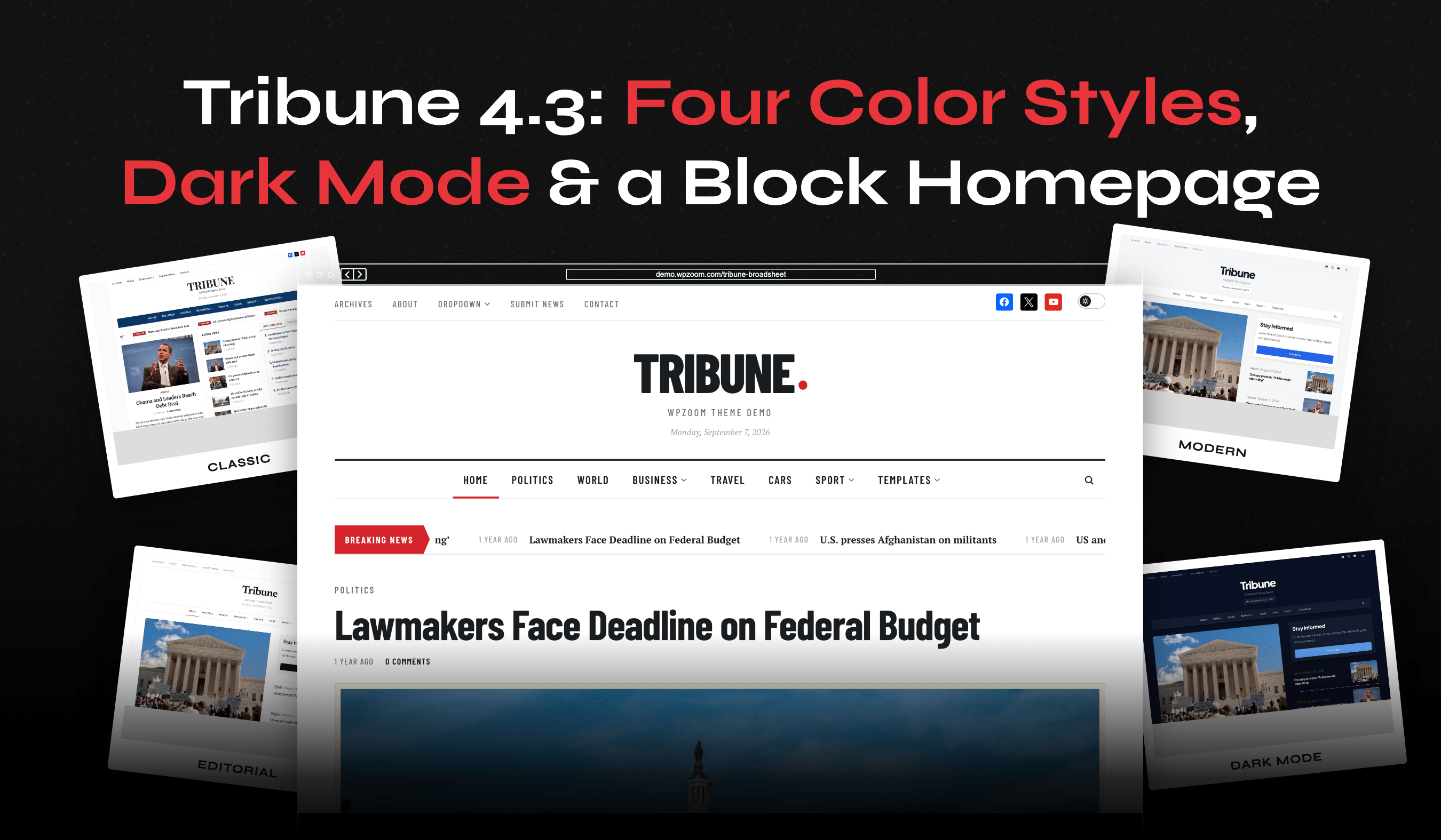 Tribune 4.3 – four color styles, dark mode and a block homepage