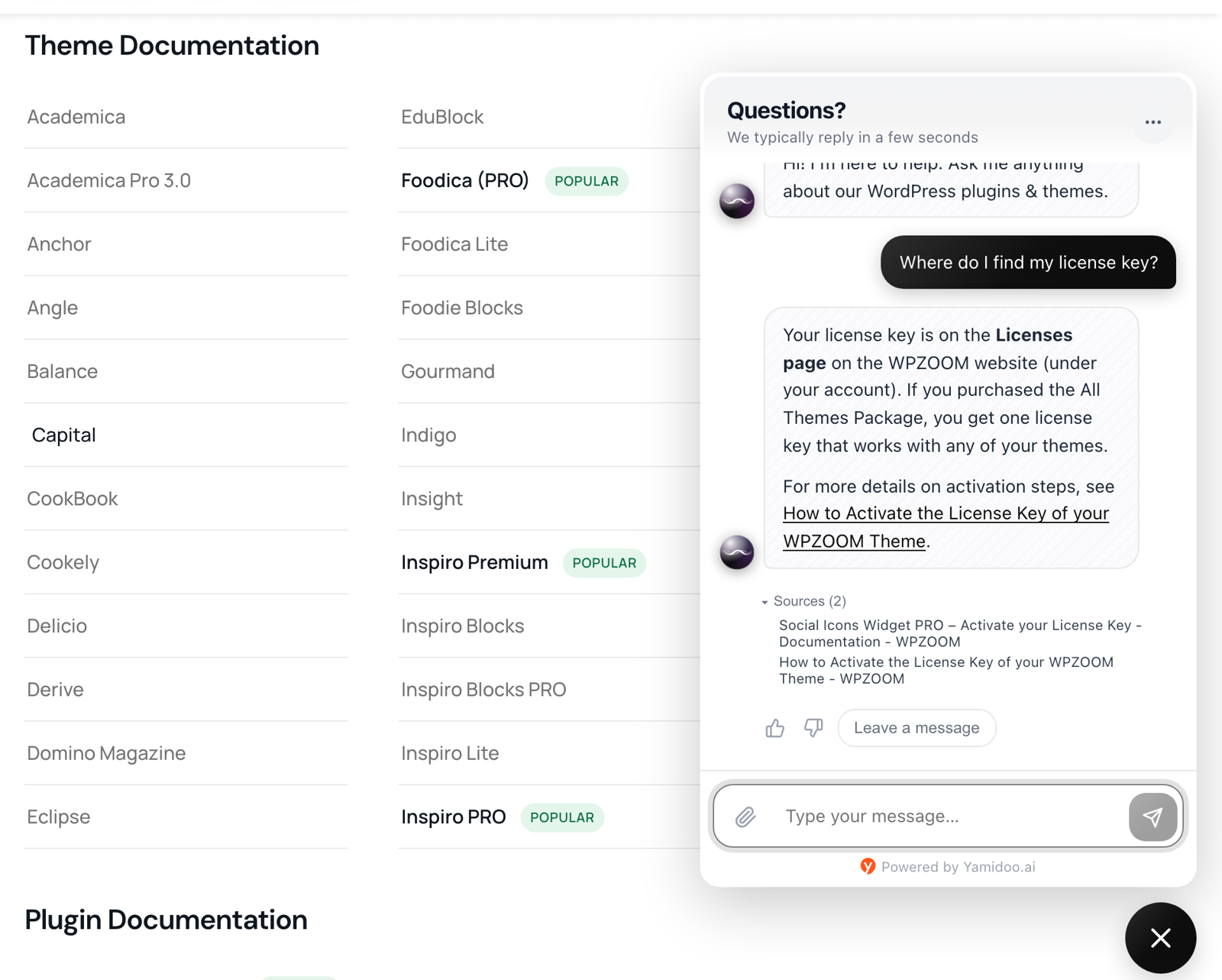 The Yamidoo chat on wpzoom.com answering where to find a license key, with the source documentation page linked under the answer